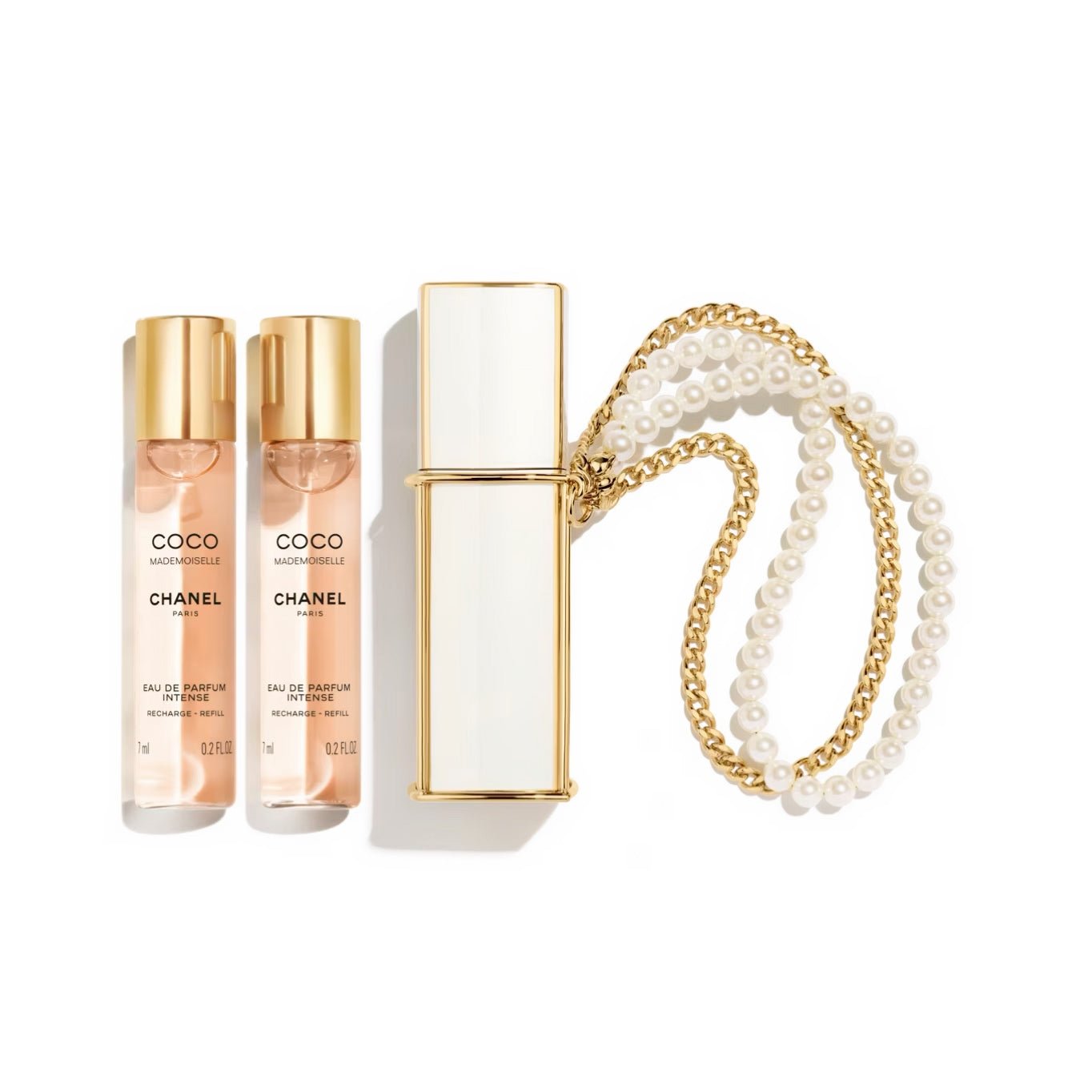CHANEL 香奈兒 聖誕新品 COCO MADEMOISELLE EAU DE PARFUM INTENSE REFILLABLE PURSE SPRAY COCO小姐限定珍珠香水鏈條 7ml*3 - La Fée Beauty