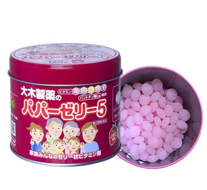 日本 大木製藥 兒童5種綜合維他命ABCDE鈣軟糖 120粒 士多啤梨味 - La Fée Beauty