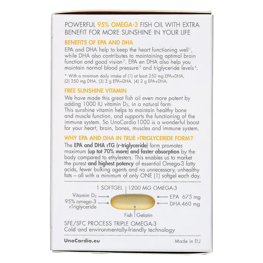WHC UnoCardio®1000 + Vitamin D 小千金 95%高純度深海魚油+維他命D 60粒