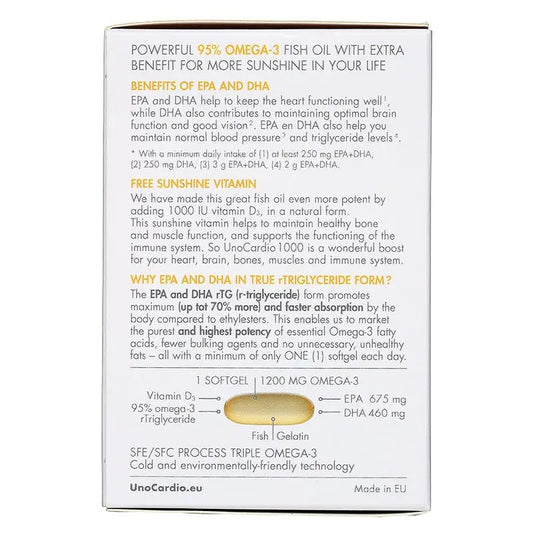WHC UnoCardio®1000 + Vitamin D 小千金 95%高純度深海魚油+維他命D 60粒 - La Fée Beauty