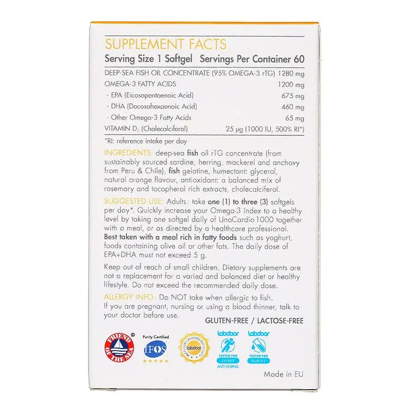 WHC UnoCardio®1000 + Vitamin D 小千金 95%高純度深海魚油+維他命D 60粒 - La Fée Beauty