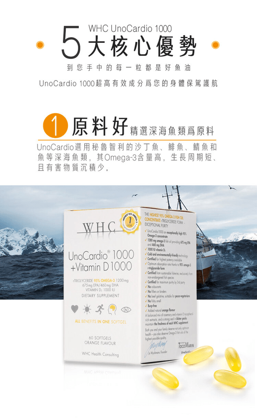 WHC UnoCardio®1000 + Vitamin D 小千金 95%高純度深海魚油+維他命D 60粒 - La Fée Beauty