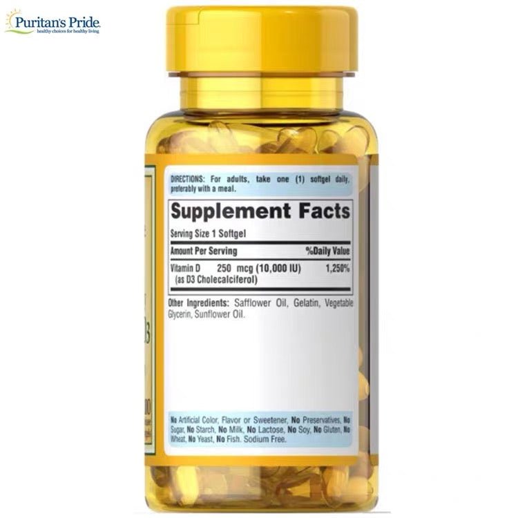 Puritan's Pride 普麗普萊 維生素 D3軟膠囊250 mcg 100 粒（10,000 IU ） - La Fée Beauty