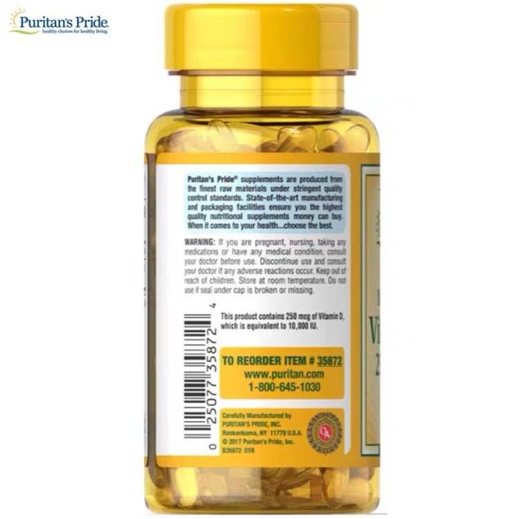 Puritan's Pride 普麗普萊 維生素 D3軟膠囊250 mcg 100 粒（10,000 IU ） - La Fée Beauty