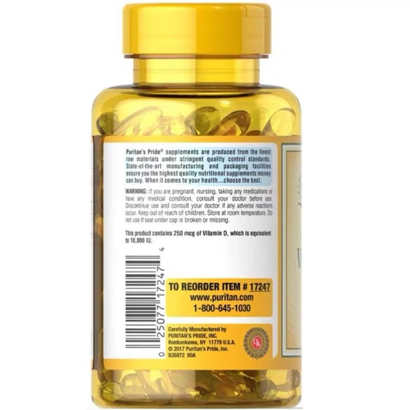 Puritan's Pride 普麗普萊 維生素 D3軟膠囊250 mcg 200 粒（10,000 IU ） - La Fée Beauty