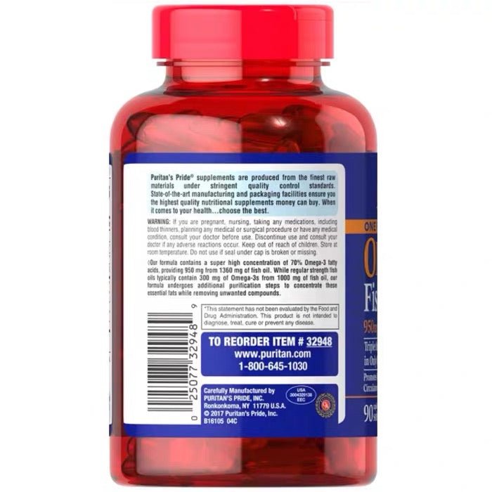 Puritan's Pride 普麗普萊 Omega-3 Fish Oil 1360 Mg (950 Mg Active Omega-3) Omega-3 魚油 1360 mg 90 粒 - La Fée Beauty